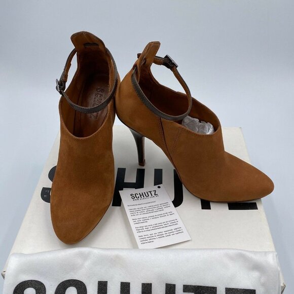 Schutz Whisky brown Suede Nubuck high heel ankle strap pointy Booties Size 5 - Picture 3 of 6